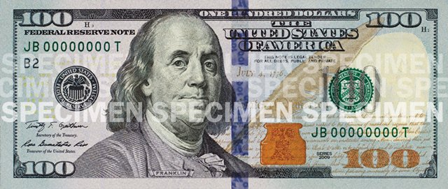 100 долларов США серия 2009 года нового образца (лицевая сторона).